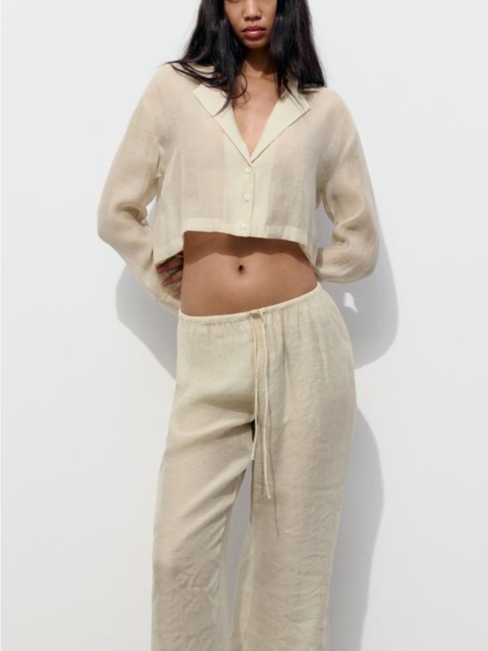 Zara Light Beige Cropped Button-Down Shirt